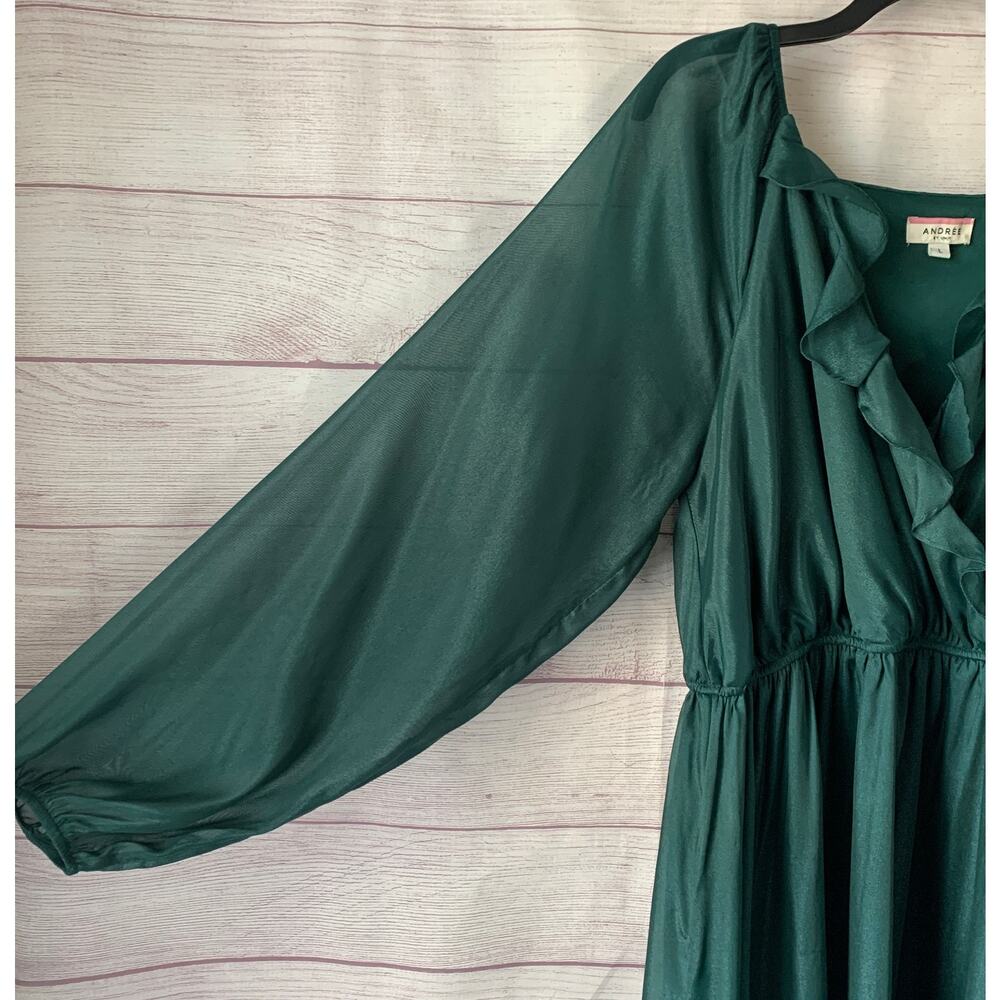 Andree by Unit Shimmery Forest Green Dress Sheer Long Sleeves Ruffle Size L - Picture 5 of 16